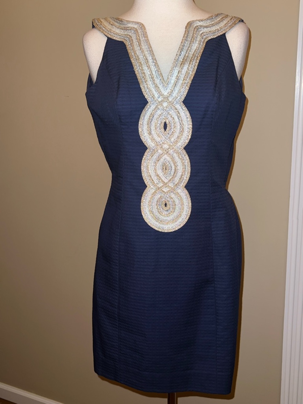 Lilly Pulitzer Navy Sheath Dress with Gold Embellished V-Placket